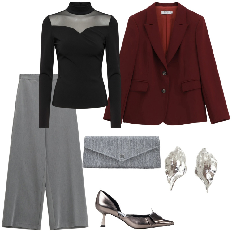 Outfit donna - Un tocco di luce. per Serata fuori. Abbinamento con pantaloni a palazzo, orecchini, blazer, pochette, décolleté, bluse.