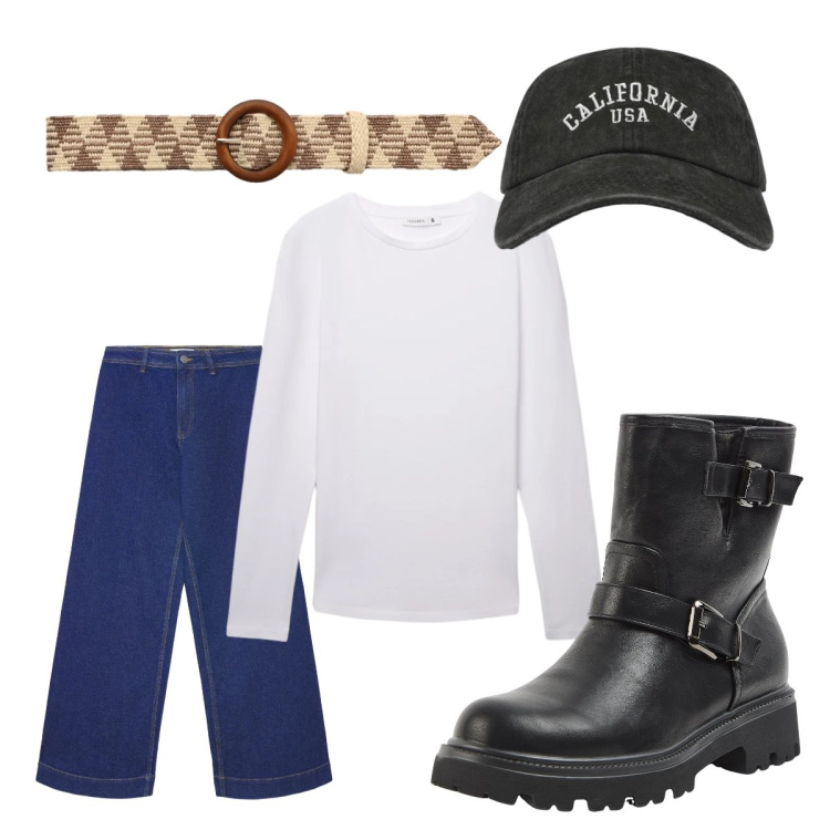 Outfit donna - T shirt fresca. Stile Basic per Tutti i giorni. Abbinamento con stivaletti, t-shirt, jeans, cappelli con visiera, cinture.