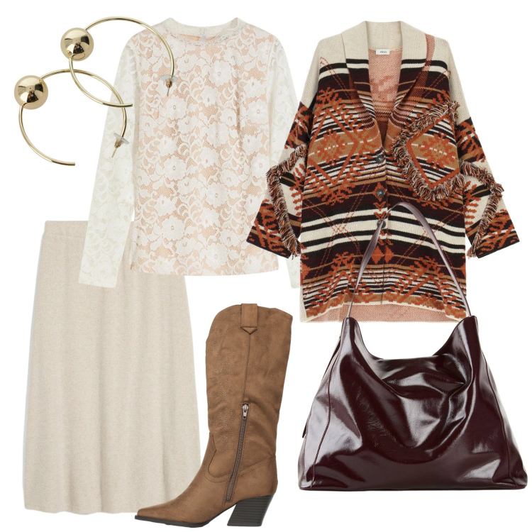 Outfit donna - Un tocco di luce. per Tutti i giorni. Abbinamento con maglieria, shopping bag, gonne longuette, stivali, cappotti, orecchini.