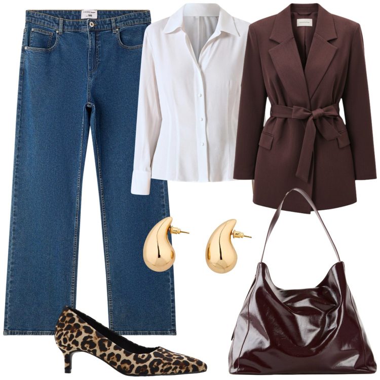 Outfit donna - Jeans in ufficio. Stile Casual chic per Tutti i giorni. Abbinamento con décolleté, orecchini, shopping bag, jeans dritti, blazer, camicie.