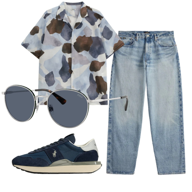 Outfit uomo - Total look #2340118. Stile Trendy per Tutti i giorni. Abbinamento con camicie a manica corta, sneakers, occhiali da sole, jeans.