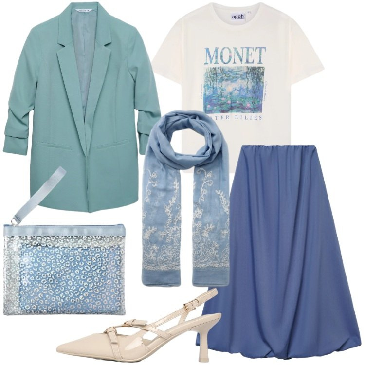 Outfit donna - Terranova - Spring Starts Here. Stile Casual chic per Tutti i giorni. Abbinamento con t-shirt, sciarpe, gonne lunghe, blazer, décolleté, pochette.