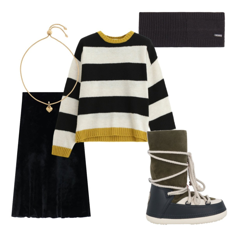 Outfit donna - Settimana bianca -davanti al camino. Stile Bon Ton per Tutti i giorni. Abbinamento con stivali da neve, maglieria, gonne lunghe, accessori per capelli, braccialetti.
