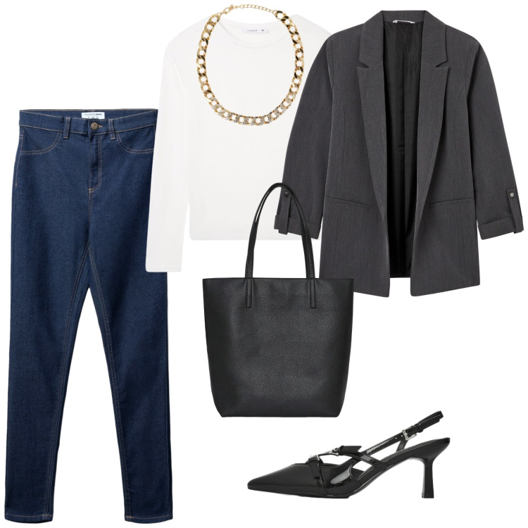 Outfit donna - Terranova new. per Ufficio. Abbinamento con collane, borse tote, t-shirt, blazer, jeggings, décolleté.