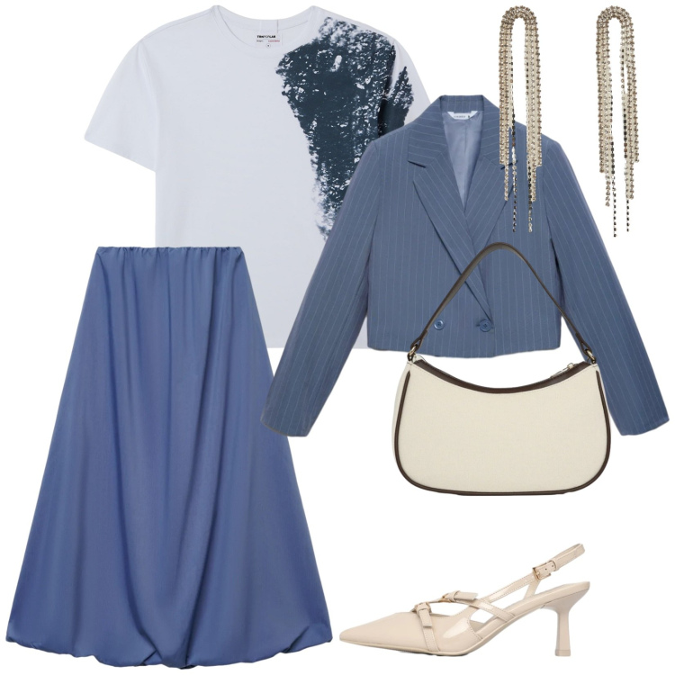 Outfit donna - Terranova new. per Tutti i giorni. Abbinamento con orecchini, t-shirt, décolleté, blazer, gonne lunghe, borse a tracolla.