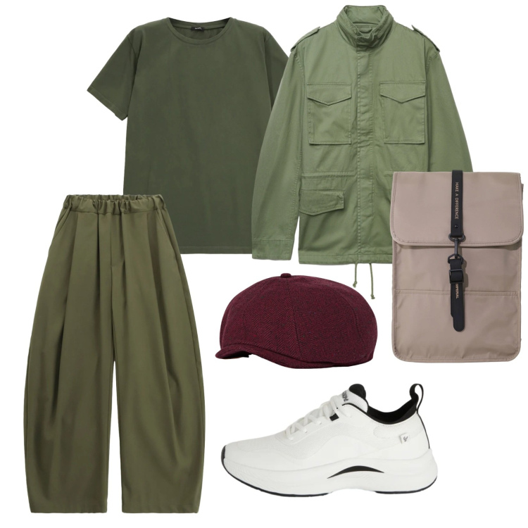 Outfit uomo - Total look. per Ufficio. Abbinamento con borse sportive, pantaloni, t-shirt, cappotti, sneakers, cappelli con visiera.