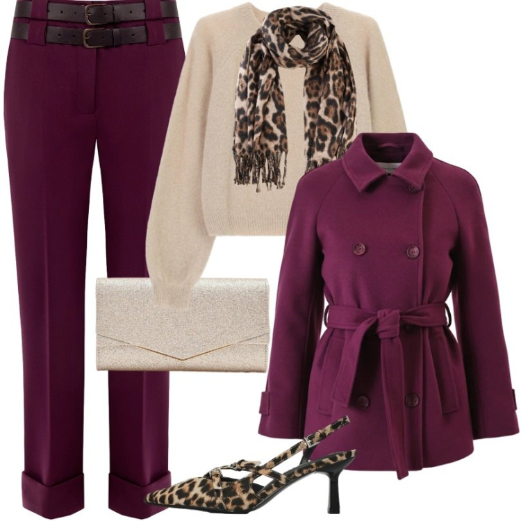 Outfit donna - Concetto di raffinatezza e semplicità. Stile Chic per Serata fuori. Abbinamento con foulard, décolleté, maglieria, clutch, pantaloni, caban.