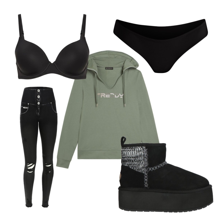 Outfit donna - Felpa con perline. Stile Urban per Tutti i giorni. Abbinamento con stivaletti, jeans strappati, felpe con cappuccio, culotte, reggiseni.