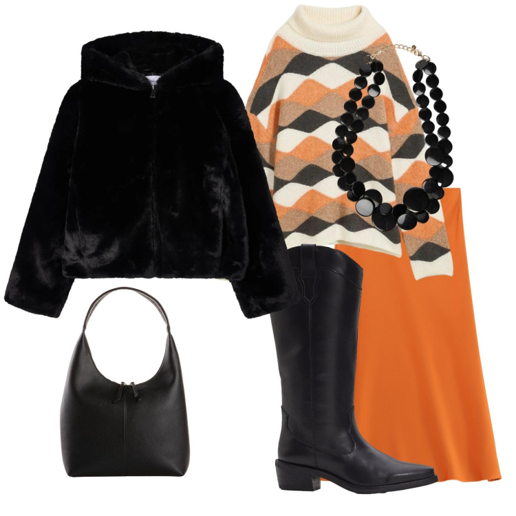 Outfit donna - Gonna arancione. Stile Casual chic per Tutti i giorni. Abbinamento con maglieria, stivali, shopping bag, gonne longuette, ecopellicce, collane.