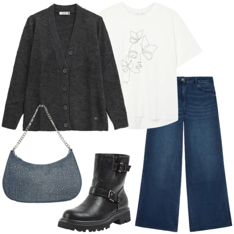 Outfit donna - Giorni di pioggia. Stile Basic per Tutti i giorni. Abbinamento con stivaletti, t-shirt, borse a tracolla, cardigans, jeans.