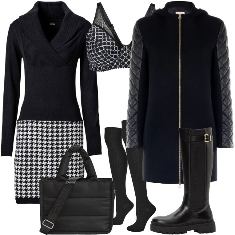 Outfit donna - Look Per giornate di pioggia incessante. Stile Casual per Tutti i giorni. Abbinamento con vestiti, stivali, reggiseni, shopping bag, calzini, cappotti.