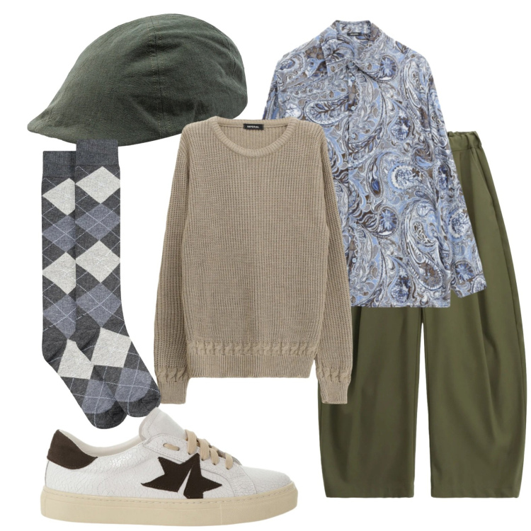 Outfit uomo - Coppola verde. Stile Trendy per Tutti i giorni. Abbinamento con sneakers, maglieria, pantaloni, camicie, cappelli con visiera, calzini.