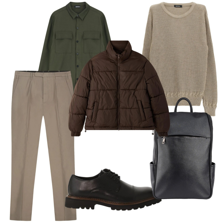 Outfit uomo - Calore. per Ufficio. Abbinamento con maglieria, camicie, scarpe stringate, bomber, borse sportive, pantaloni.