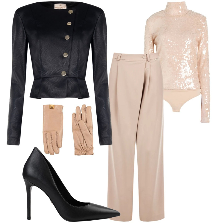 Outfit donna - Serata fuori. Stile Glamour per Serata fuori. Abbinamento con body, décolleté, guanti, pantaloni a palazzo, giacche.