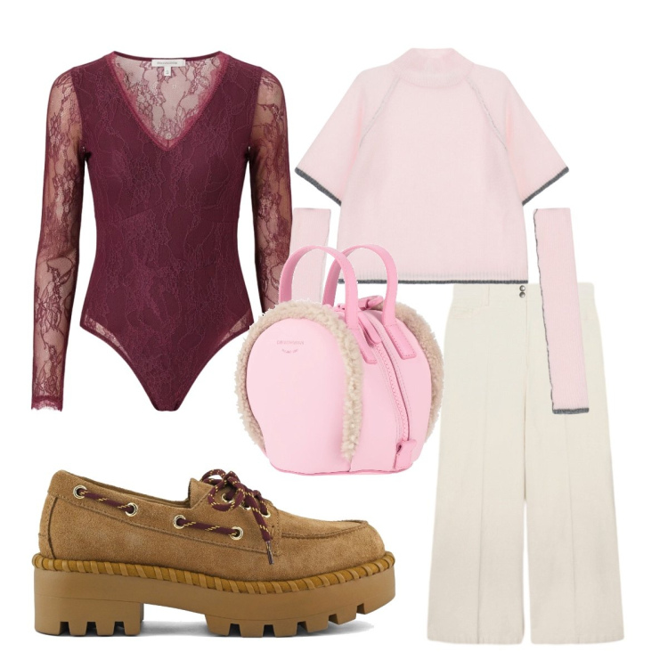 Outfit donna - Colori leggeri. Stile Casual per Ufficio. Abbinamento con zaini, maglieria, bluse, mocassini, pantaloni chino.