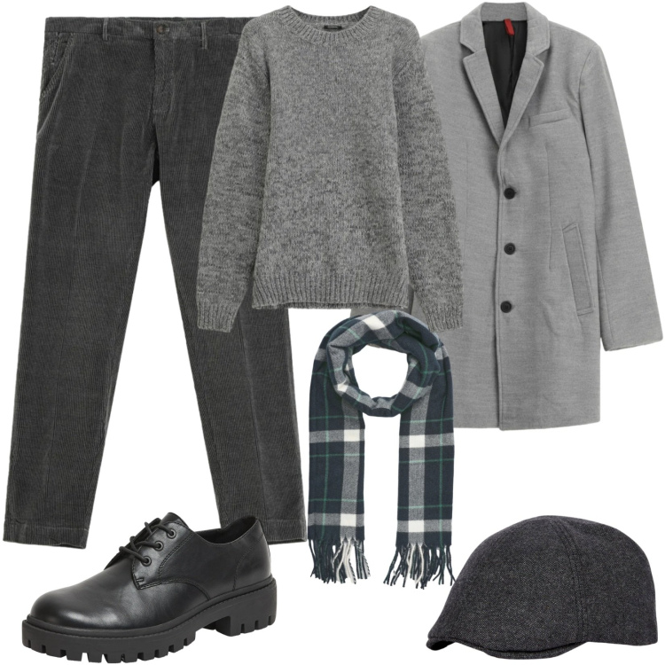 Outfit uomo - Tono su tono. Stile Urban per Tutti i giorni. Abbinamento con cappotti, maglieria, pantaloni chino, scarpe stringate, sciarpe, cappelli con visiera.