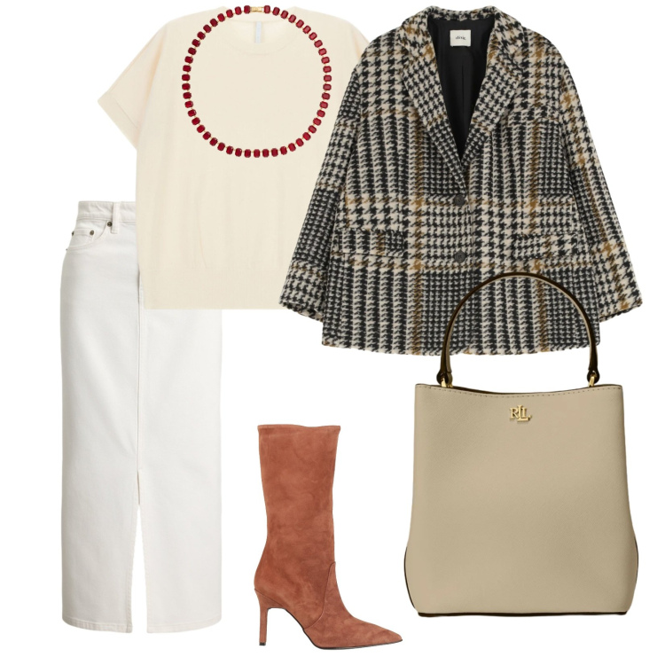 Outfit donna - Focus donna. per Tutti i giorni. Abbinamento con stivali, t-shirt, blazer, collane, borse a secchiello, gonne.