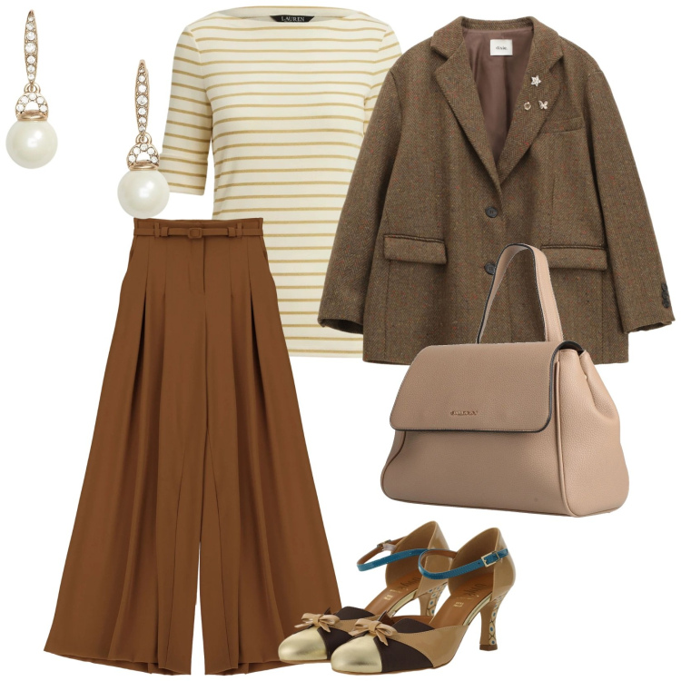 Outfit donna - Focus donna. per Serata fuori. Abbinamento con zaini, pantaloni a palazzo, décolleté, blazer, orecchini, t-shirt.