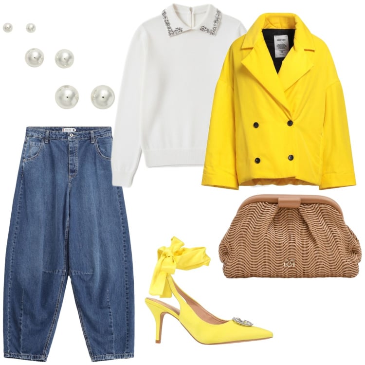 Outfit donna - Focus donna. per Tutti i giorni. Abbinamento con caban, décolleté, jeans, pochette, pullovers, orecchini.