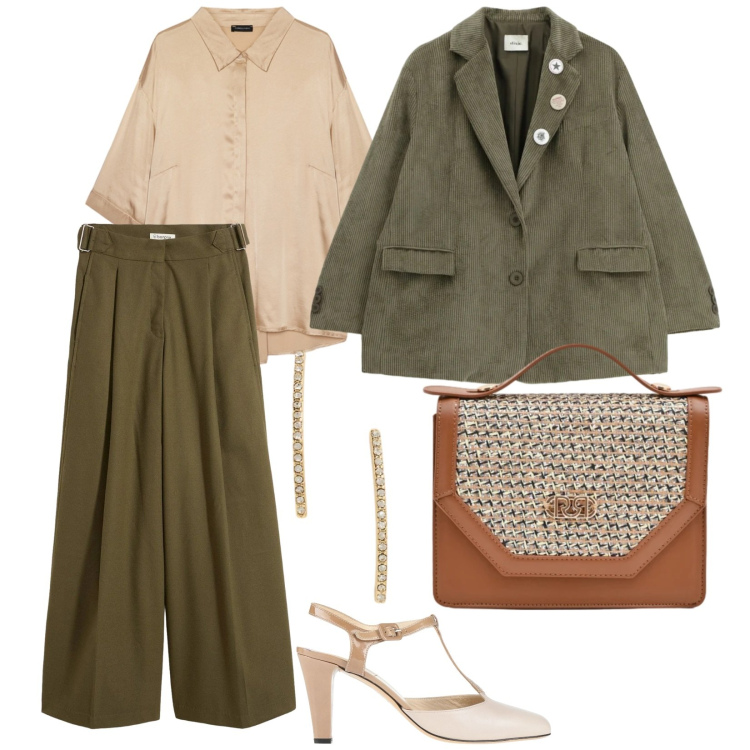 Outfit donna - Focus donna. per Ufficio. Abbinamento con décolleté, pantaloni, camicie, blazer, pochette, orecchini.