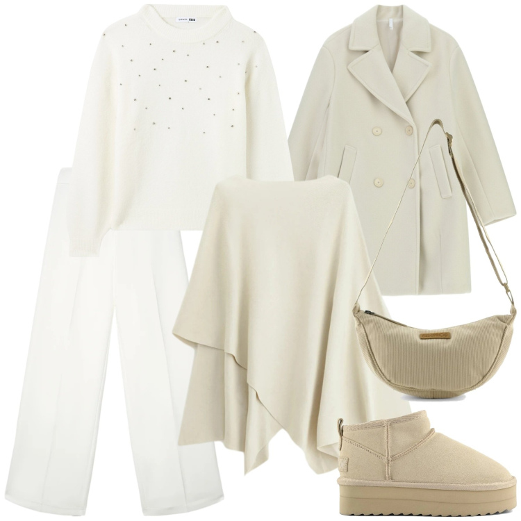 Outfit donna - Settimana bianca. Stile Minimal per Tutti i giorni. Abbinamento con cappotti, maglieria, pantaloni, maglieria, borse a tracolla, stivaletti.