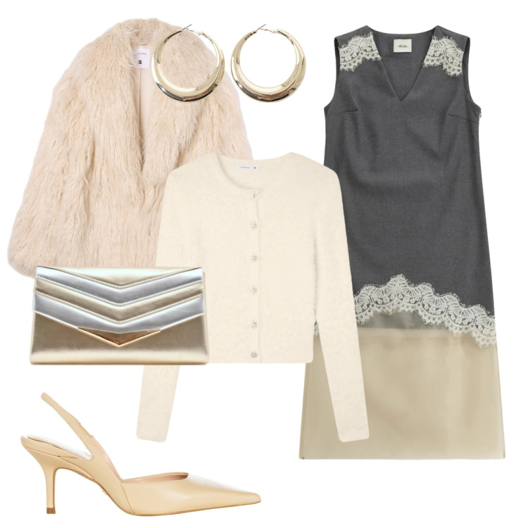 Outfit donna - Cerimonia a febbraio. Stile Chic per Cerimonia. Abbinamento con cardigans, ecopellicce, vestiti midi/longuette, orecchini, pochette, décolleté.