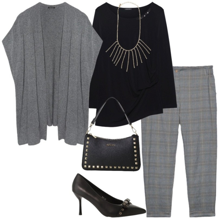 Outfit donna - Fiorella Rubino. Stile Casual per Ufficio. Abbinamento con pochette, décolleté, collane, gilet, pantaloni, bluse.