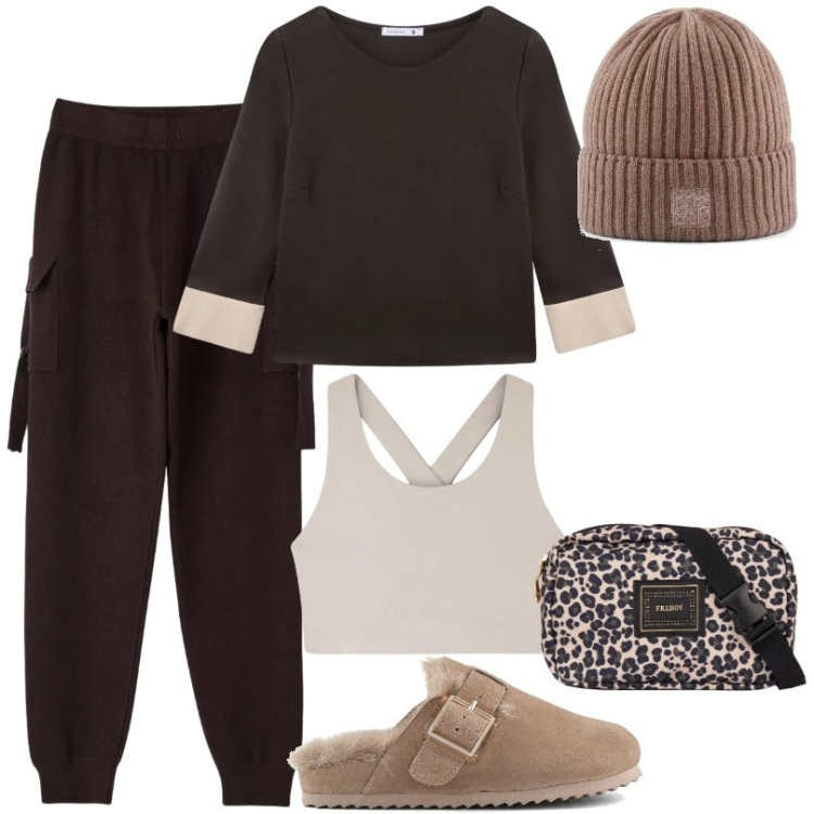 Outfit donna - Total look #2340176. Stile Basic per Tutti i giorni. Abbinamento con top sportivi, t-shirt, pantaloni cargo, marsupi, sabot, berretti.