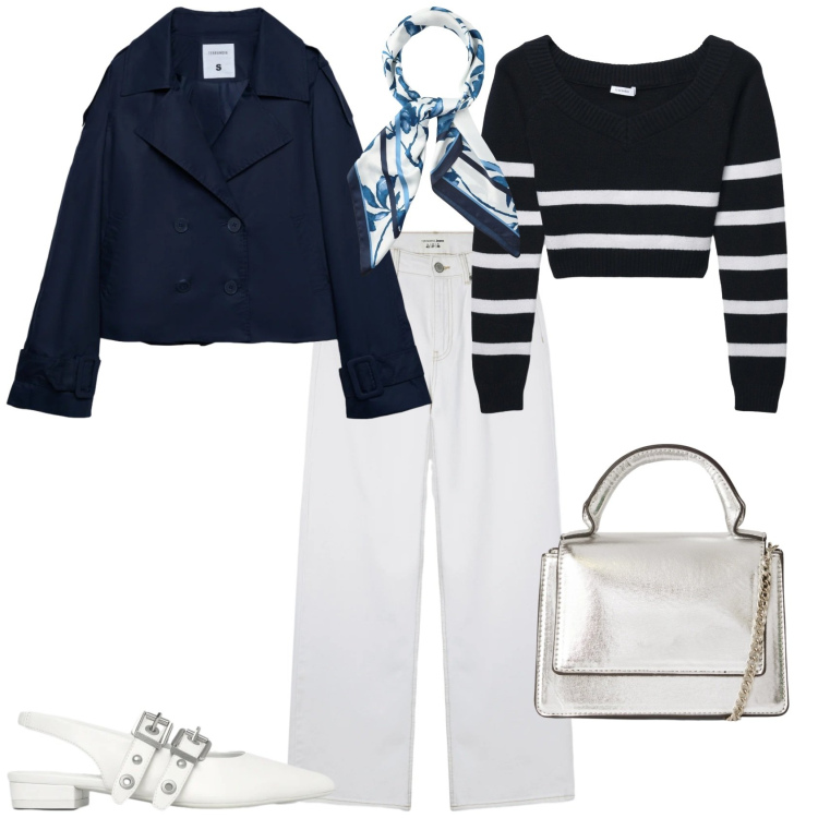 Outfit donna - Blu e bianco un classico senza tempo. Stile Trendy per Tutti i giorni. Abbinamento con borse a tracolla, caban, maglieria, foulard, ballerine, jeans.