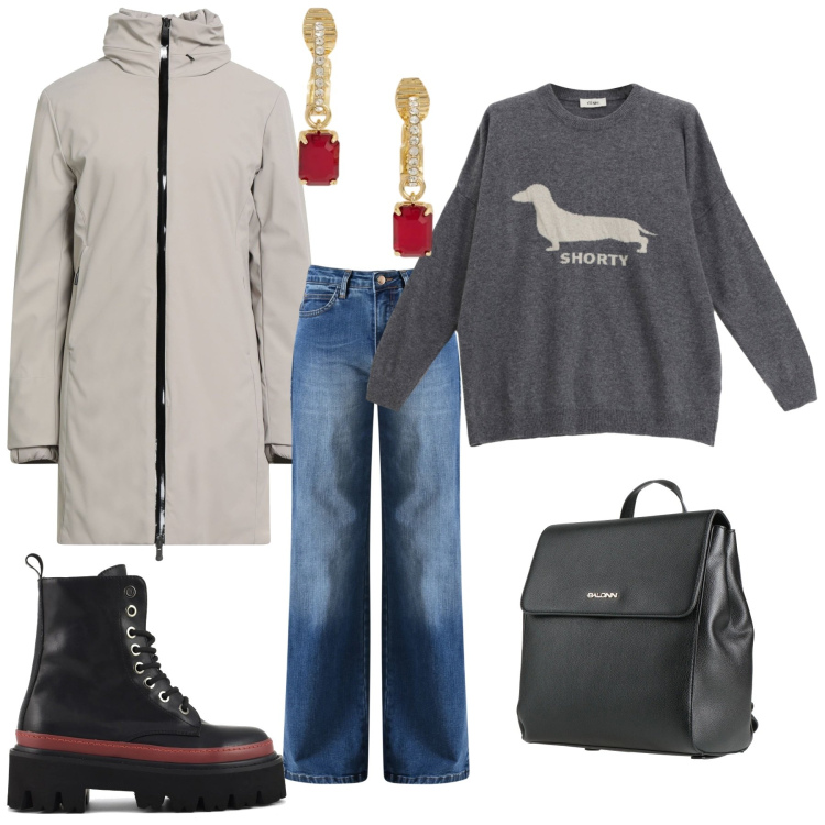 Outfit donna - Total look #2340179. Stile Urban per Tutti i giorni. Abbinamento con parka, zaini, maglieria, jeans, orecchini, anfibi.