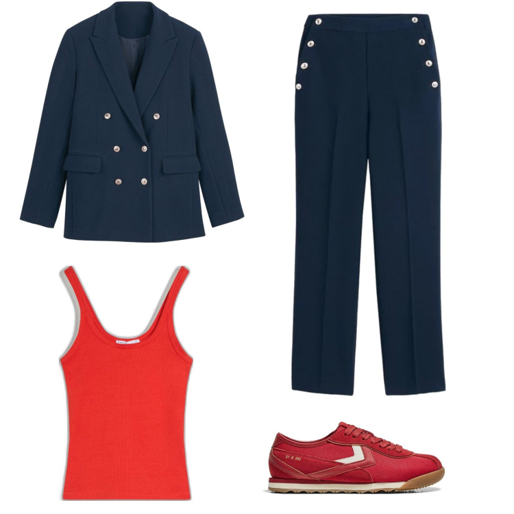 Outfit mujer - Outfit. Estilo Casual para Oficina. Combinación con sneakers, pantalones, camiseta, blazers.