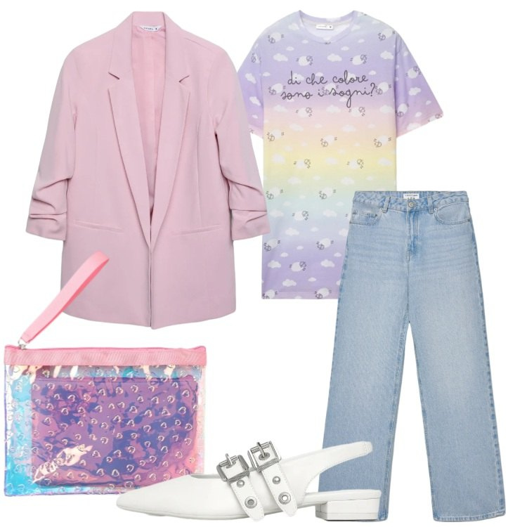 Outfit donna - Terranova - Spring Starts Here. Stile Casual chic per Tutti i giorni. Abbinamento con t-shirt, jeans, ballerine, blazer, pochette.