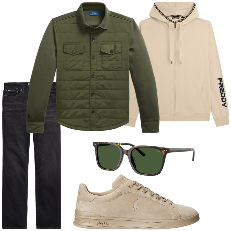Outfit uomo - Tempo libero. Stile Trendy per Tutti i giorni. Abbinamento con felpe con cappuccio, occhiali da sole, sneakers, jeans dritti, cappotti.