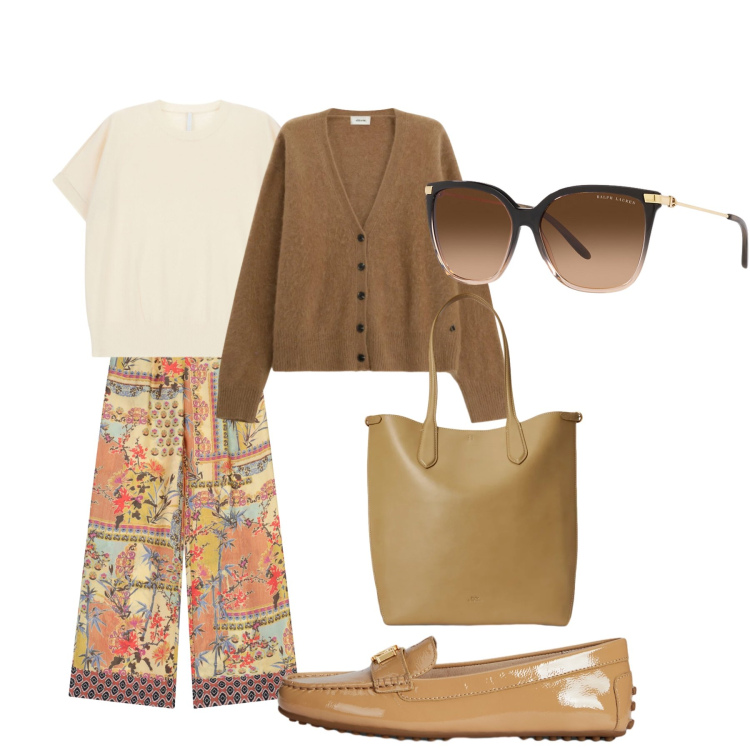 Outfit donna - Il panta largo. Stile Casual per Tutti i giorni. Abbinamento con t-shirt, cardigans, pantaloni a palazzo, occhiali da sole, borse tote, mocassini.