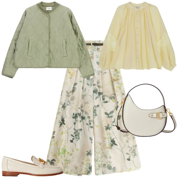 Outfit donna - Romantica a passeggio in centro. Stile Romantica per Tutti i giorni. Abbinamento con pantaloni a palazzo, borse a tracolla, mocassini, giacche, camicie.