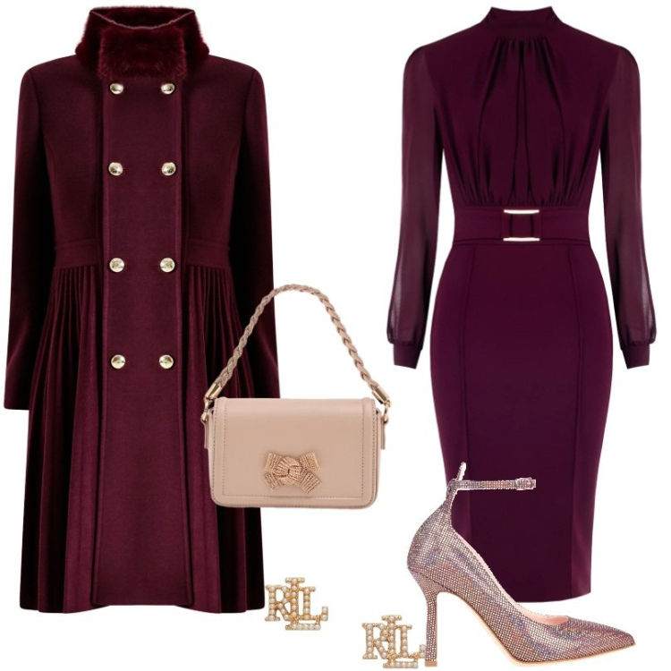Outfit donna - Raffinata con dettagli distintivi. Stile Chic per Serata fuori. Abbinamento con décolleté, pochette, vestiti a tubino, cappotti, orecchini.