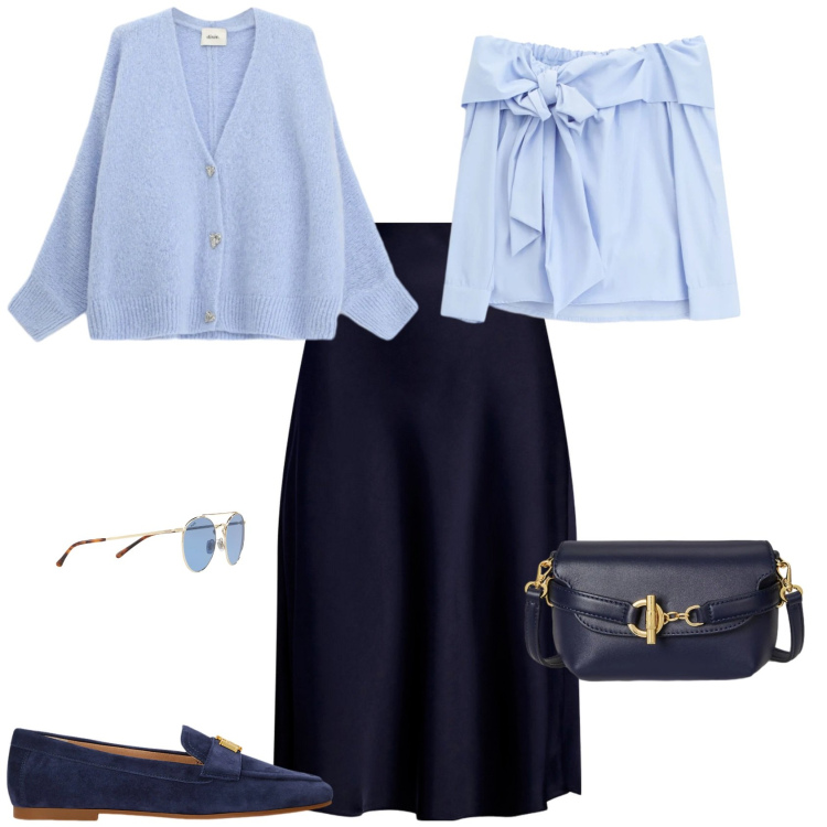 Outfit donna - Romantica e chic. Stile Romantica per Tutti i giorni. Abbinamento con top, cardigans, gonne, mocassini, borse a tracolla, occhiali da sole.