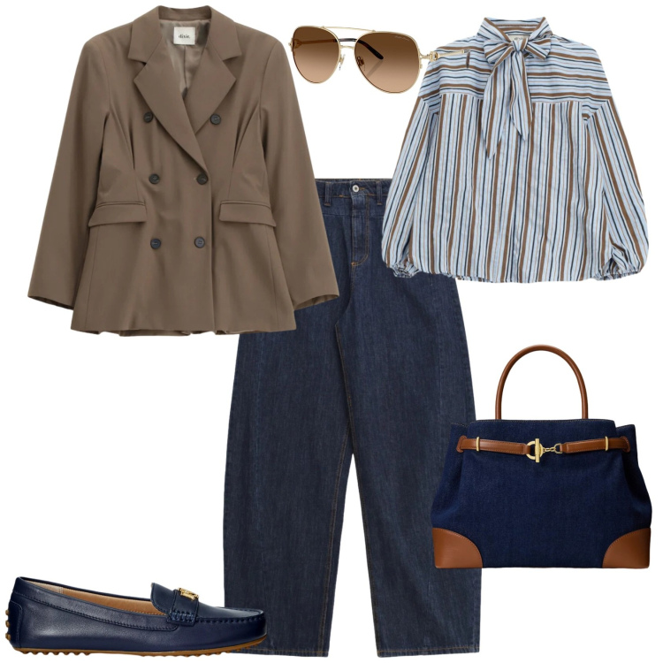 Outfit donna - Trendy per l ufficio. Stile Trendy per Ufficio. Abbinamento con occhiali da sole, mocassini, borse a mano, jeans, blazer, bluse.