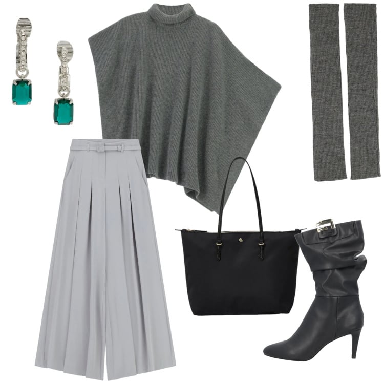 Outfit donna - Gray. Stile Casual chic per Tutti i giorni. Abbinamento con stivali, pantaloni a palazzo, orecchini, borse tote, guanti, maglieria.