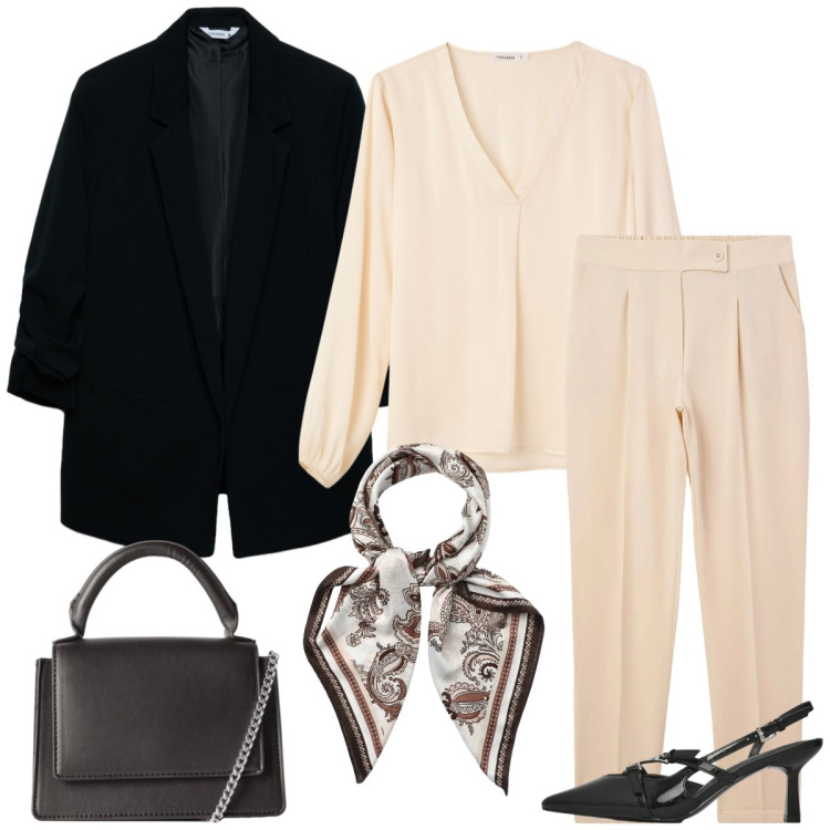 Outfit donna - Total look #2340212. Stile Chic per Tutti i giorni. Abbinamento con pantaloni chino, bluse, foulard, blazer, borse a tracolla, décolleté.