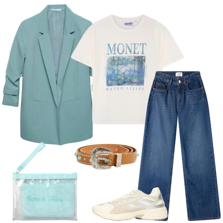 Outfit donna - Total look #2340213. Stile Casual chic per Tutti i giorni. Abbinamento con jeans, cinture, t-shirt, sneakers, blazer, pochette.