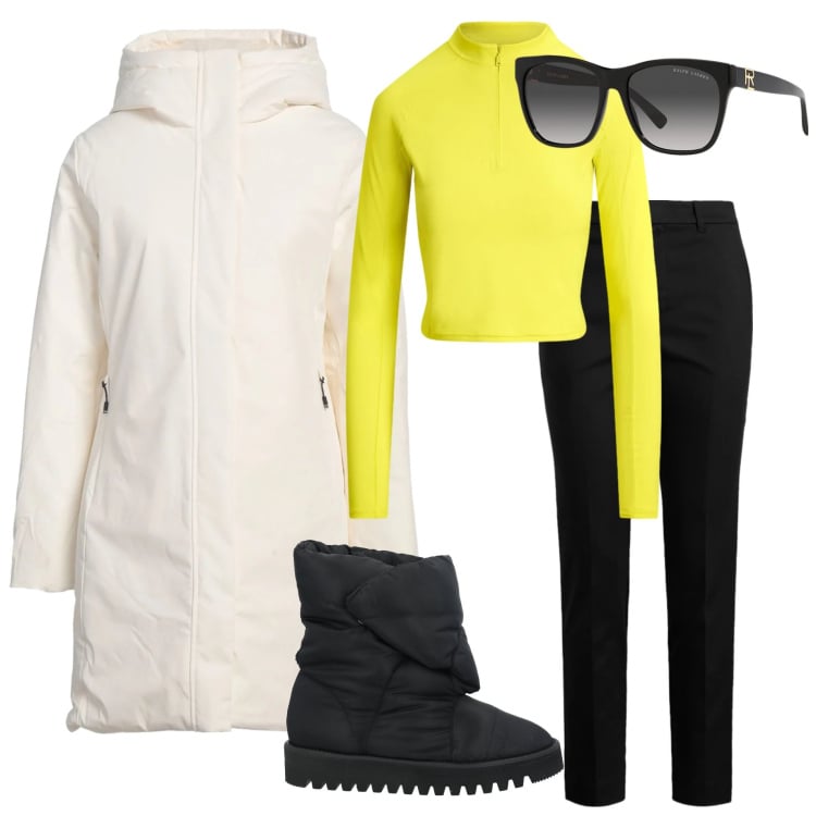 Outfit donna - Apre Ski. Stile Casual per Sport. Abbinamento con parka, stivaletti, pantaloni, occhiali da sole, felpe sportive.