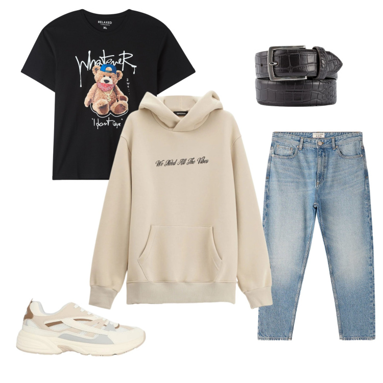 Outfit uomo - Vibes Only. Stile Urban per Tutti i giorni. Abbinamento con felpe con cappuccio, t-shirt, jeans dritti, sneakers, cinture.