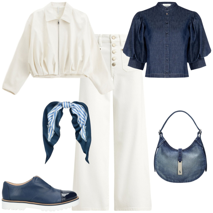 Outfit donna - Trendy ufficio tempo libero. Stile Trendy per Tutti i giorni. Abbinamento con mocassini, bomber, camicie a manica corta, borse a spalla, jeans, foulard.