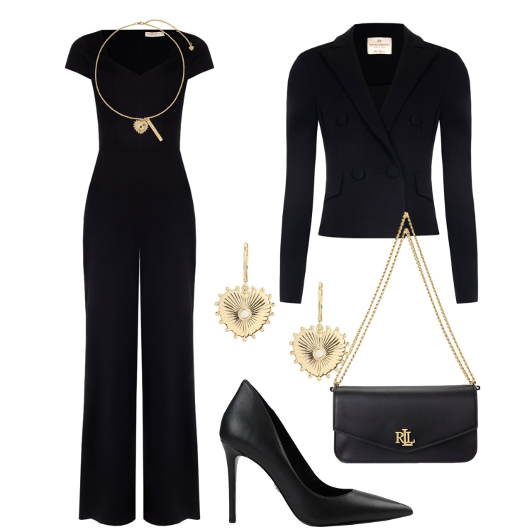 Outfit donna - Sempre chic in nero. Stile Chic per Serata fuori. Abbinamento con décolleté, tute, blazer, orecchini, ciondoli, borse a spalla.