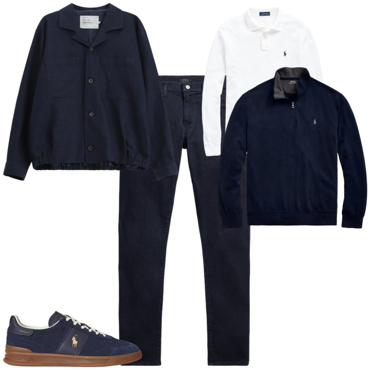Outfit uomo - Trendy ufficio tempo libero. Stile Trendy per Ufficio. Abbinamento con cappotti, pullovers, sneakers, jeans, polo.