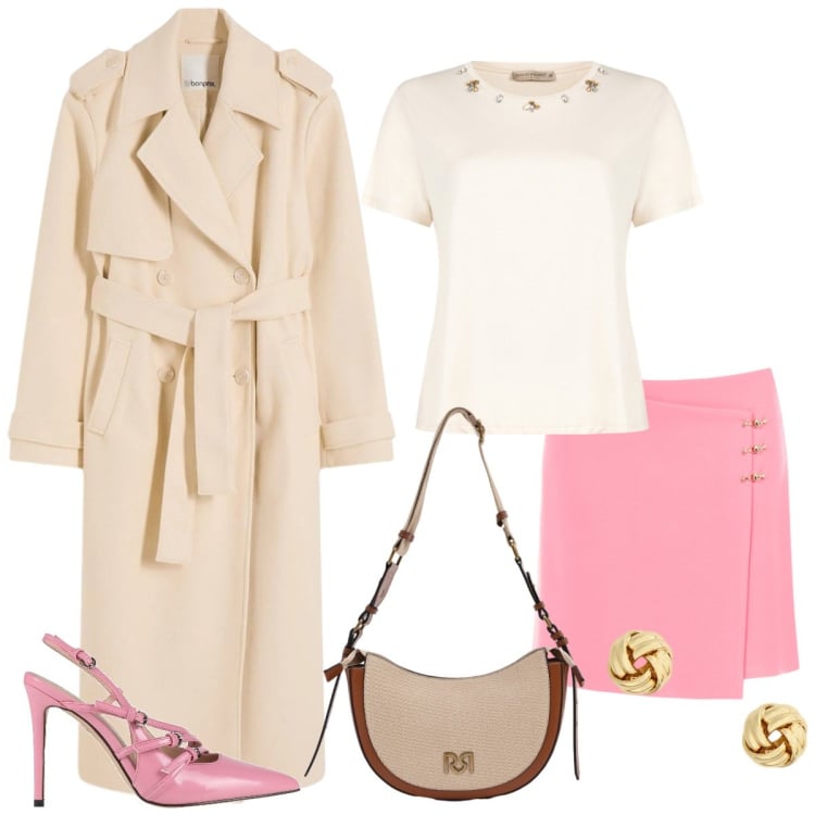 Outfit donna - Total look #2340225. Stile Chic per Tutti i giorni. Abbinamento con décolleté, trench, minigonne, borse a tracolla, t-shirt, orecchini.