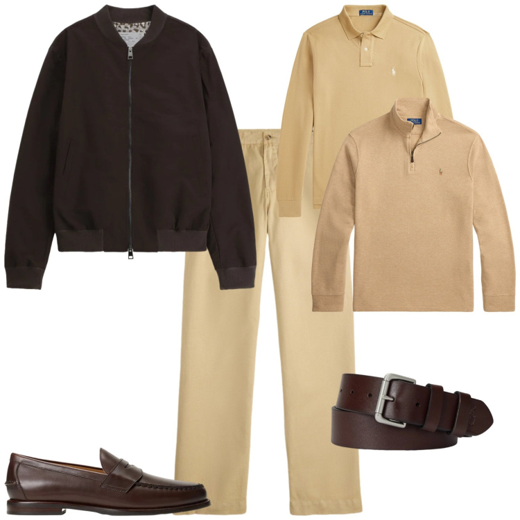 Outfit uomo - Trendy ufficio tempo libero. Stile Trendy per Tutti i giorni. Abbinamento con bomber, cinture, scarpe stringate, pullovers, polo, pantaloni.