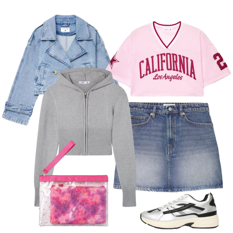 Outfit donna - Spring Vibes. Stile Sporty chic per Tutti i giorni. Abbinamento con felpe sportive, sneakers, caban, pochette, minigonne, t-shirt sportive.