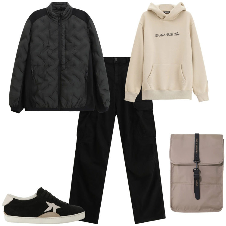 Outfit uomo - Urban ogni giorno. Stile Urban per Tutti i giorni. Abbinamento con felpe con cappuccio, borse sportive, pantaloni cargo, giacche, sneakers.